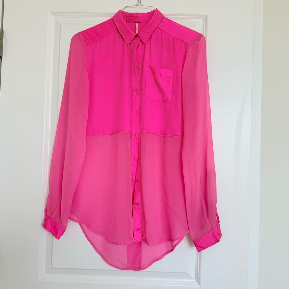 Free People Hot Pink Sheer Button Down Size S